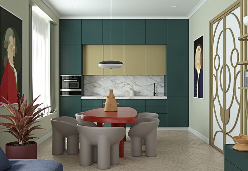 Trang trí phòng bếp - ăn tân cổ điển với gam màu xanh lá cây