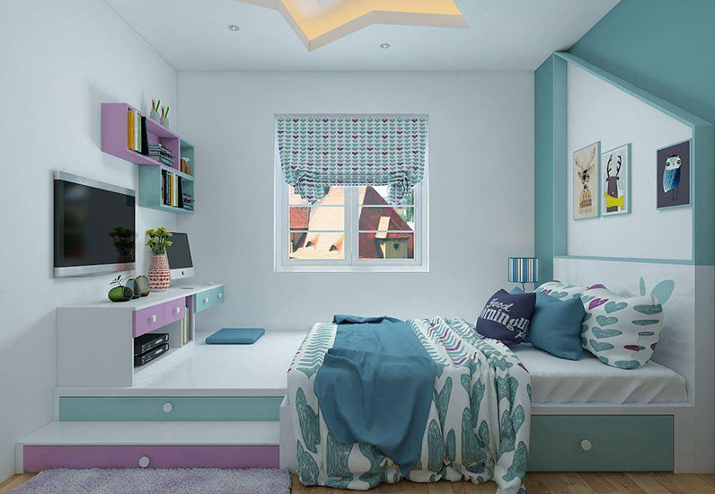 Phòng ngủ với gam màu xanh dương rất phù hợp đối với các bé trai