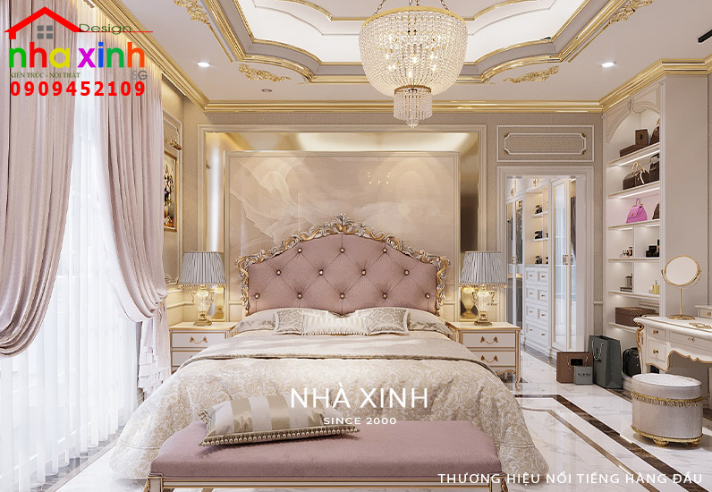 Phòng ngủ master với thiết kế sử dụng tông trắng – hồng pastel 