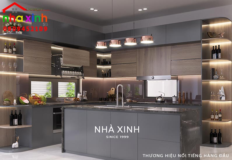 Phòng bếp được ốp đá granite kết hợp với hệ thống đèn