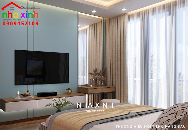 Phòng ngủ bé gái lớn tông màu xanh be và hồng be