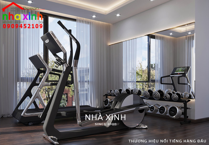 Phòng tập gym với máy mọc dụng cụ tập thể thao