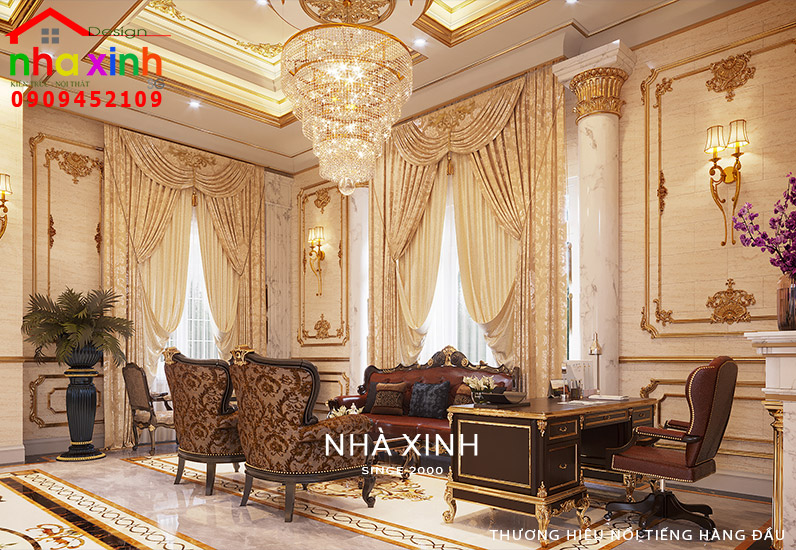 Thiết kế nội thất phòng khách biệt thự lâu đài Châu Âu