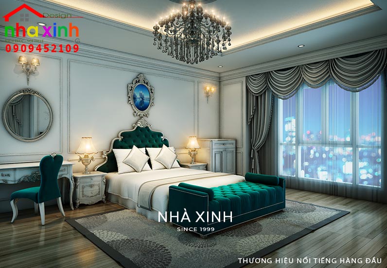 Không gian phòng ngủ được thiết kế nổi bật với tone màu xanh ấn tượng