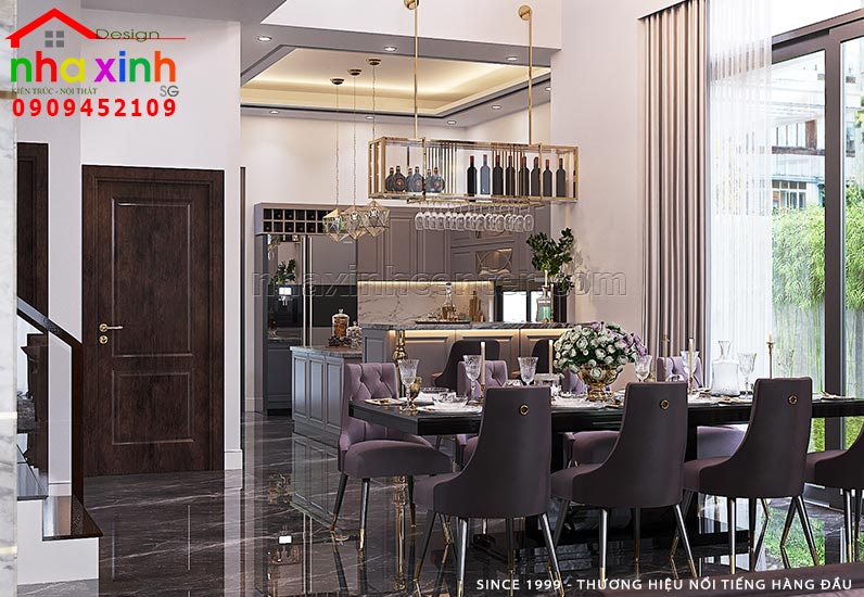 Không gian bàn ăn được thiết kế kết nối phòng bếp tiện nghi