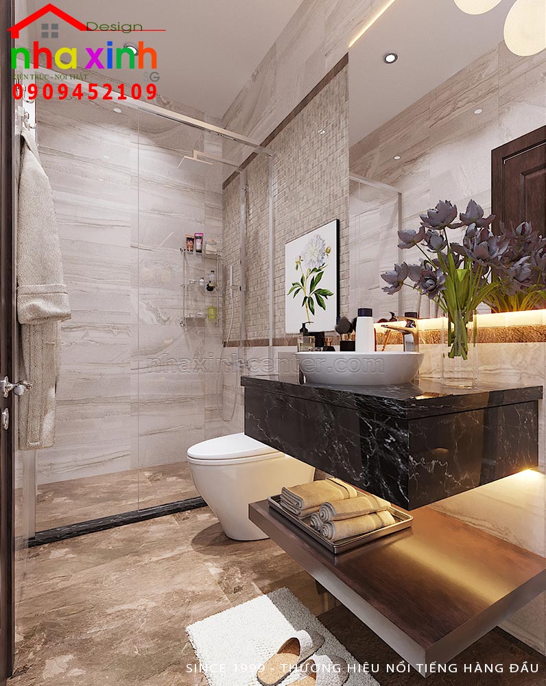 Phong WC được thiết kế với phần đá ốp sang trọng