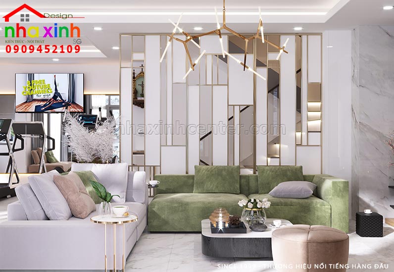 Không gian phòng khách được thiết kế nổi bật với gam màu trung tính
