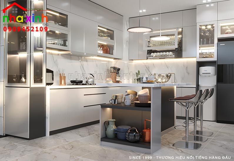 Không gian phòng bếp được thiết kế tiện nghi và sang trọng