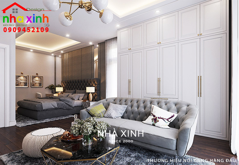 Phòng ngủ được thiết kế kết hợp bồ ghế sofa tạo không gian thư giãn tuyệt vời