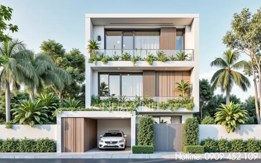 Mặt tiền biệt thự BT-0228 với thiết kế hiện đại, sử dụng kính và gỗ làm điểm nhấn