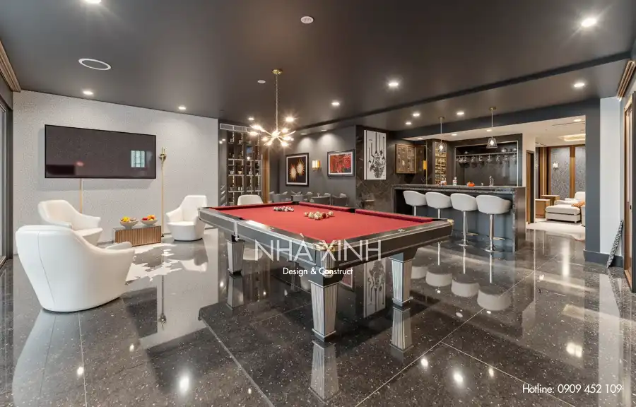 Bộ sofa hiện đại trong phòng khách biệt thự BT-0228 với view sân vườn thoáng đãng.