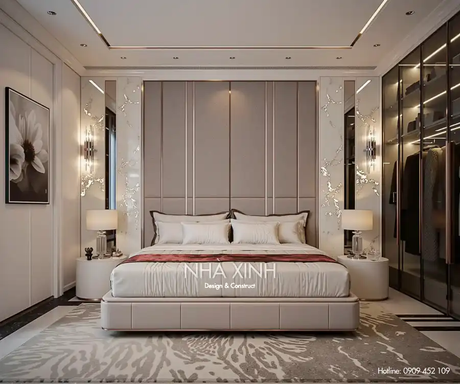 Nội thất phòng ngủ biệt thự BT-0228 với giường lớn và ánh sáng tự nhiên.