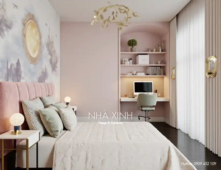 Sân vườn biệt thự BT-0230 với tiểu cảnh xanh và hồ nước nhỏ.
