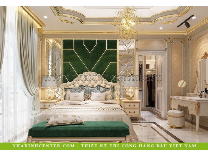 Mẫu thiết kế nội thất phòng ngủ biệt thự  điểm nhấn xanh ngọc bích làm