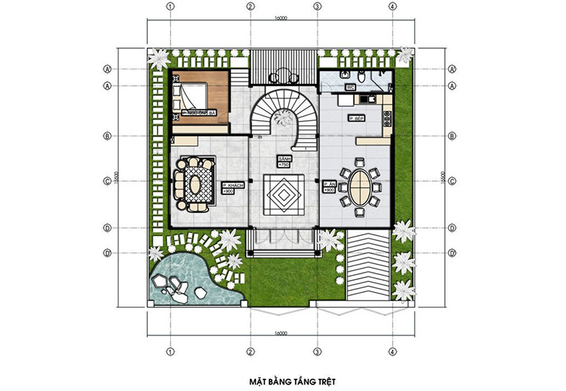 Mặt bằng tầng trệt biệt thự tân cổ điển