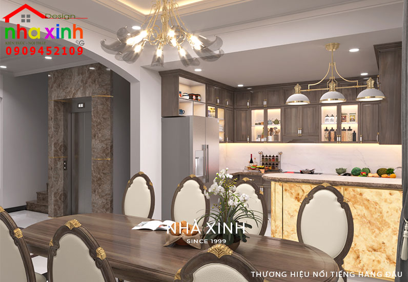 Phòng bếp với bộ bàn ăn 8 ghế