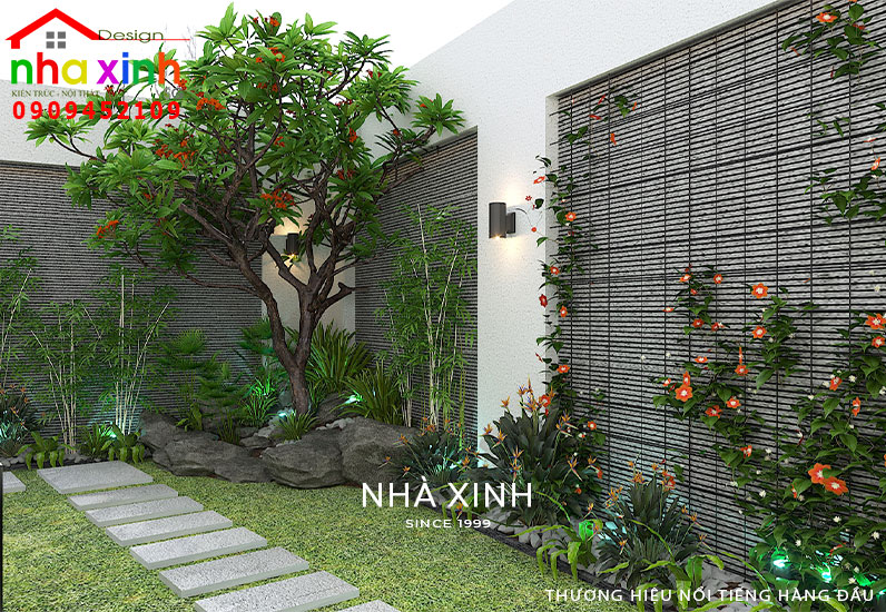 Tiểu cảnh sân vườn thiết kế nhà phố đẹp chị Hòa