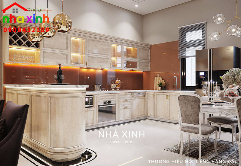 Khu vực bếp với quầy bar và bàn ăn tiện nghi