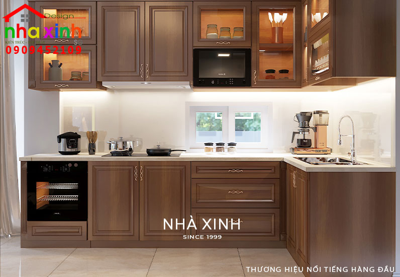 Phòng ăn được thiết kế kết hợp hệ tủ gỗ tiện nghi