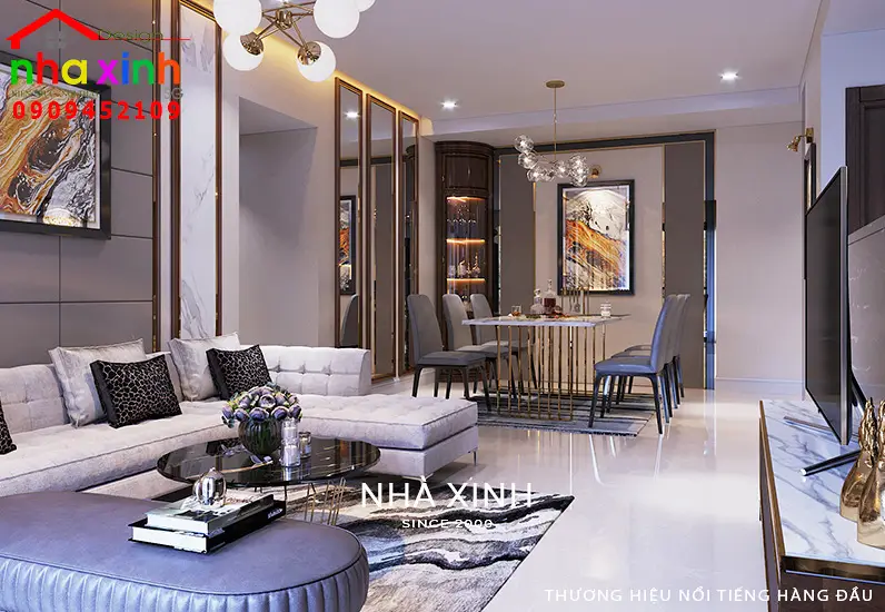 Không gian phòng khách kết hợp với sự kết nối phòng bếp tiện nghi