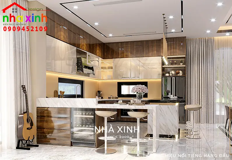 Phòng bếp với sự kết hợp hài hòa về màu sắc và ánh sáng