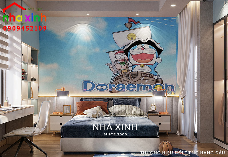 Phòng ngủ con trai tông màu xanh tươi sáng