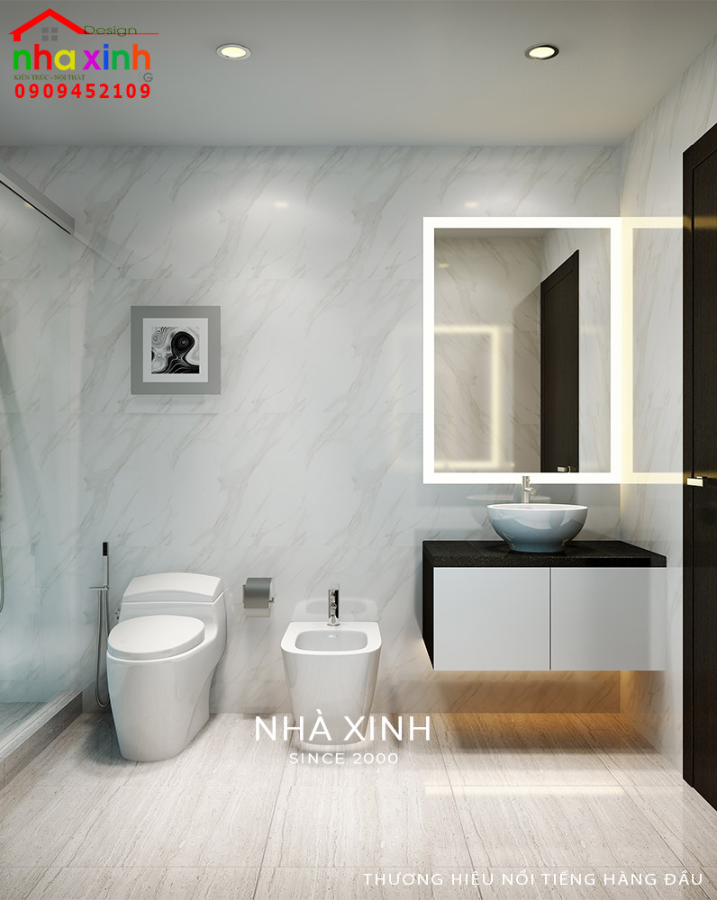 Không gian phòng WC được thiết kế với phần gạch ốp sang trọng và thanh lịch