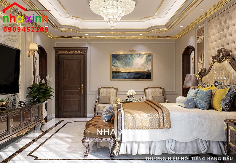 Thiết kế giường ngủ hoàng gia quý phái tông màu đồng
