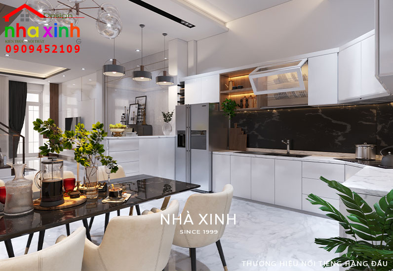 Không gian phòng bếp được thiết kế nổi bật với tone màu trắng thông thoáng và sang trọng
