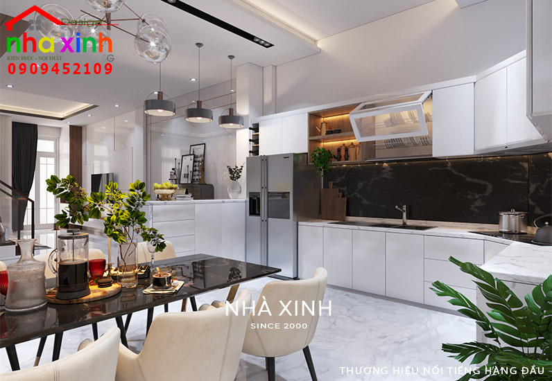 Không gian phòng bếp được thiết kế nổi bật với tone màu trắng thông thoáng và sang trọng