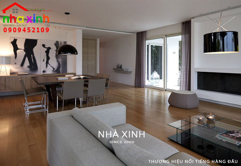 Phòng khách được thiết kế kết nối khu vực bàn ăn tiện nghi