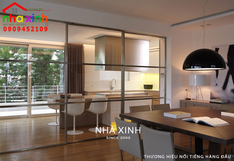 Mẫu thiết kế nội thất không gian bàn ăn - bếp với view ban công lớn