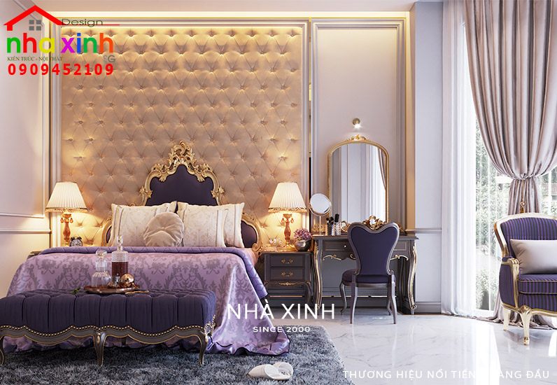 Mẫu phòng ngủ master được thiết kế sang trọng nổi bật với tone màu tím