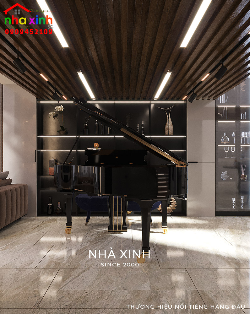 Mẫu phòng khách được thiết kế nổi bật với gam màu trung tính hài hòa