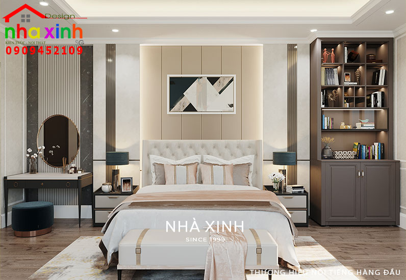 Phòng ngủ con gái lớn được thiết kế với gam màu trung tính hài hòa