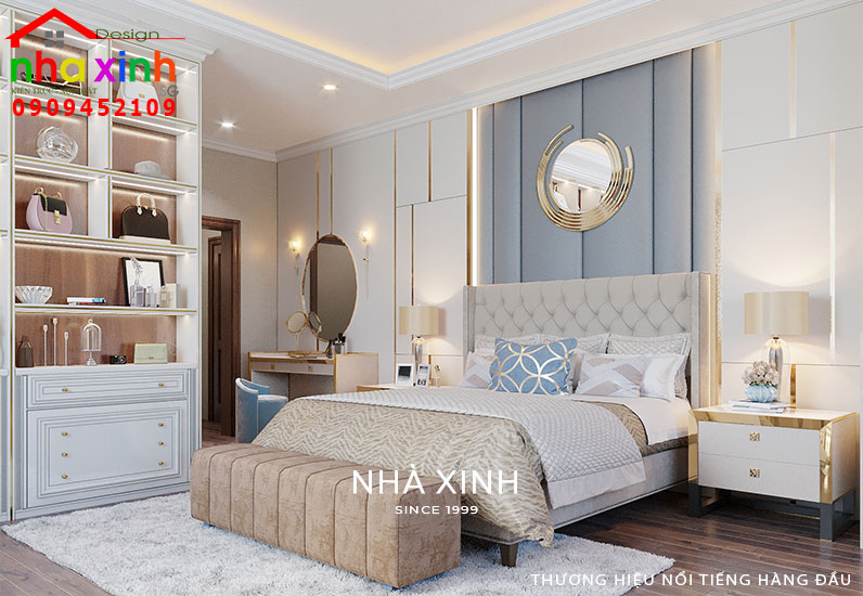 Phòng ngủ master được thiết kế kết hợp hệ tủ trưng bày tiện nghi