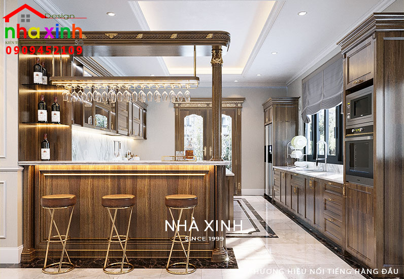 Phòng bếp được thiết kế tiện nghi ưu tiên sử dụng với chất liệu gỗ