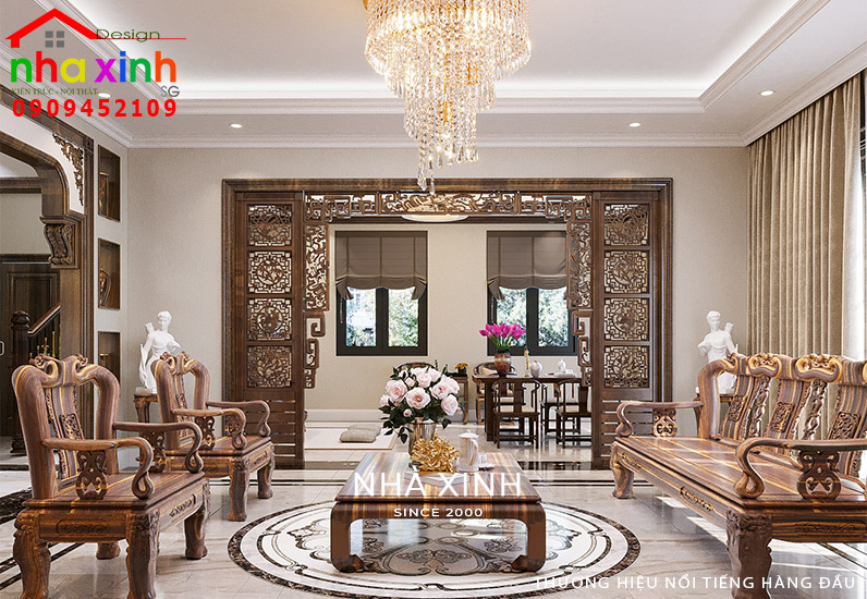 Không gian phòng khách được thiết kế nổi bật với chất liệu gỗ tự nhiên cao cấp