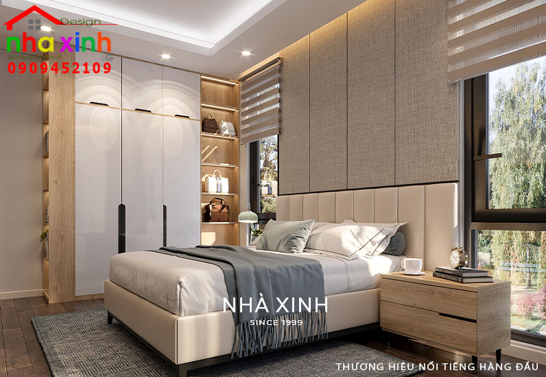 Phòng ngủ cho khách sử dụng cửa kính lớn hướng sân vườn