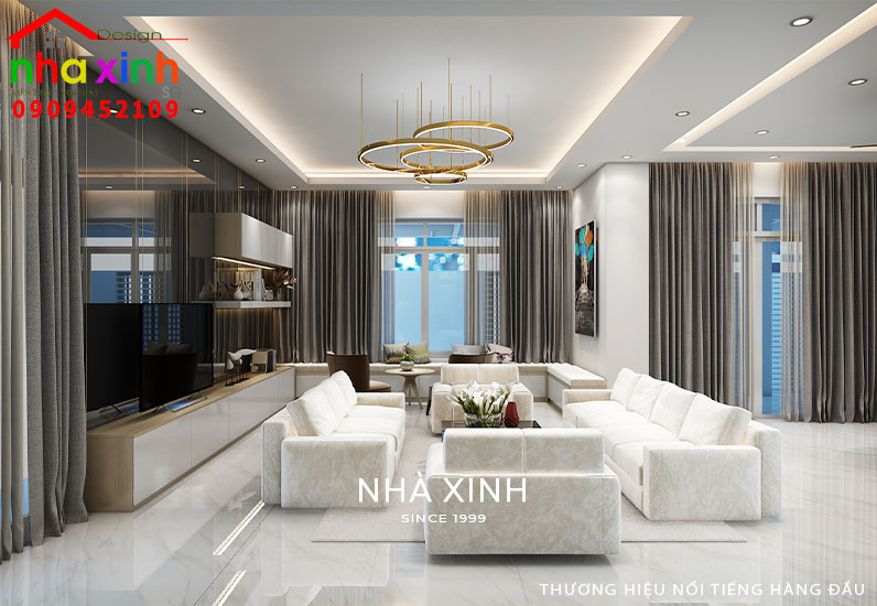 Phòng khách được thiết kế rộng rãi, sang trọng và thanh lịch