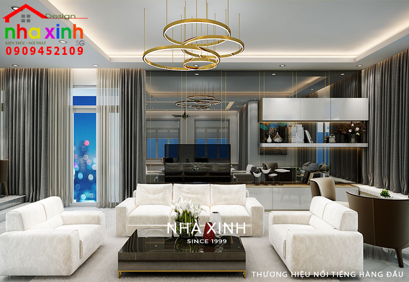 Không gian phòng khách được tạo điểm nhấn nổi bật với tone màu trắng