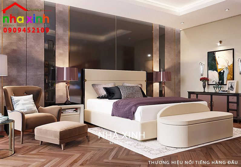 Không gian phòng ngủ thứ 2 thanh lịch và ấm áp trong thiết kế nội thất biệt thự 3 tầng