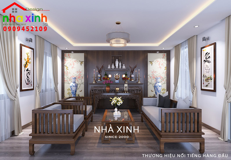 Nội thất biệt thự nghĩ dưỡng đầu tư phòng thờ cúng đẹp truyền thống, chuẩn phong thủy