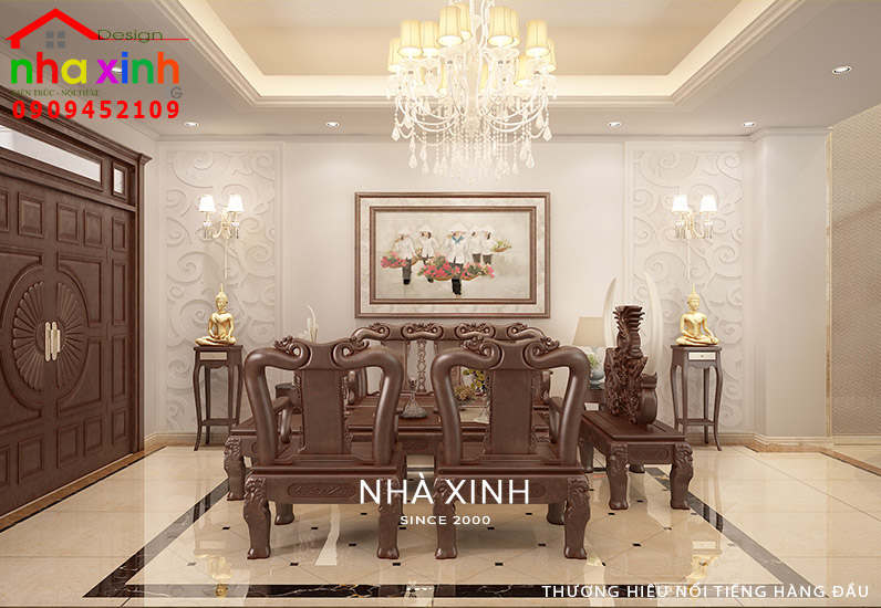 Thiết kế bộ sofa bằng gỗ với đèn treo trần lộng lẫy là điểm nhấn trung tâm trong phòng khách