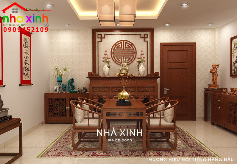 Nội thất nhà đẹp cổ điển có phòng thờ trang nghiêm chuẩn phong thủy