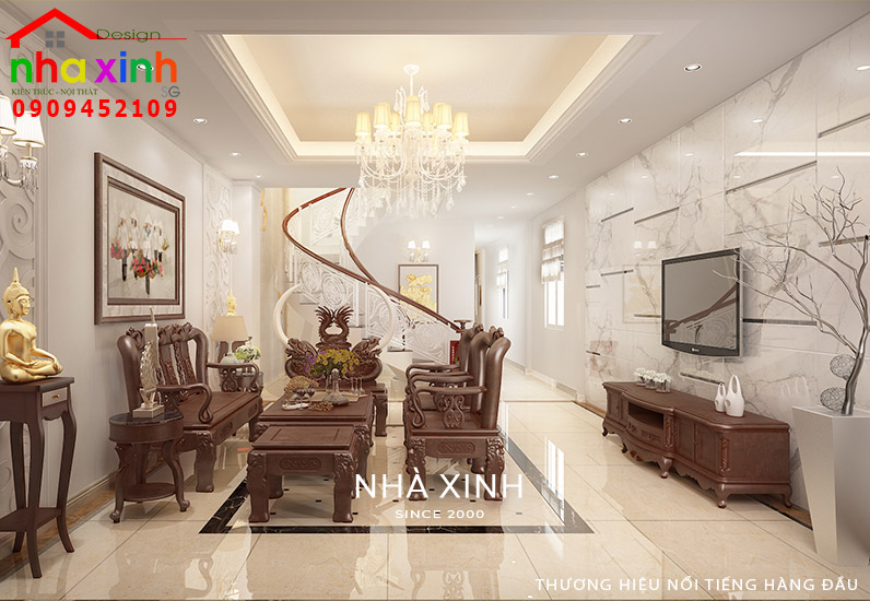 Toàn bộ nội thất phòng khách được đầu tư bằng chất liệu gỗ cao cấp toát lên sự bề thế và đẳng cấp