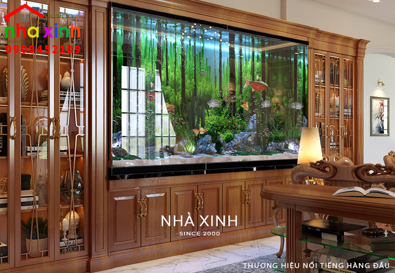 Mẫu tủ gỗ kết hợp hồ cá tạo điểm nhấn ấn tượng trong không gian phòng khách view 01