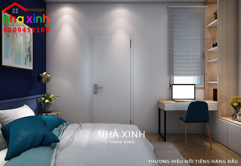 Toàn cảnh nội thất hiện đại trong phòng ngủ thứ 4 có tông màu xanh ấn tượng view 02
