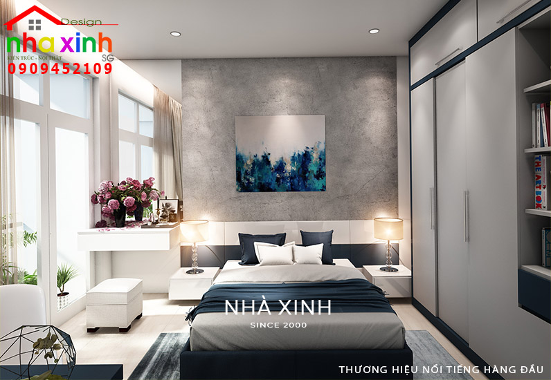 Phòng ngủ sử dụng tông màu xám trắng kết hợp không gian mở hiện đại