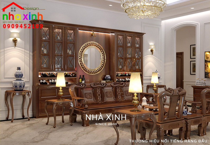 Thiết kế nội thất phòng khách nổi bật với chất liệu gỗ tự nhiên cao cấp